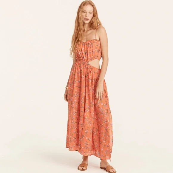 J.Crew Small Organic Cotton Side Cut Out Beach Dress in Coral Floral - Picture 2 of 4